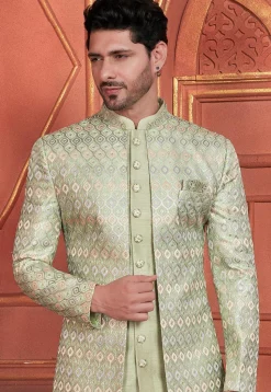 Embroidered Art Silk Jacket Style Sherwani in Dusty Green