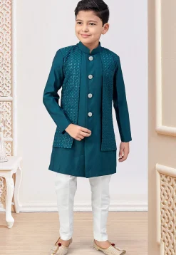 Embroidered Art Silk Jacket Style Sherwani in Teal Blue