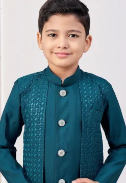 Embroidered Art Silk Jacket Style Sherwani in Teal Blue