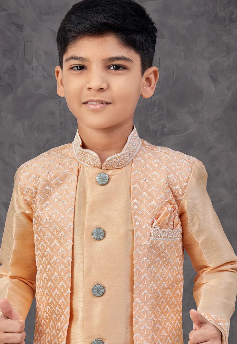 Embroidered Art Silk Jacket Style Sherwani in Light Orange