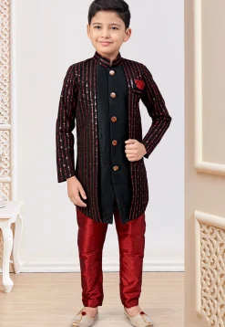 Embroidered Art Silk Jacket Style Sherwani in Black