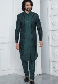 Embroidered Art Silk Jacket Style Sherwani in Teal Green