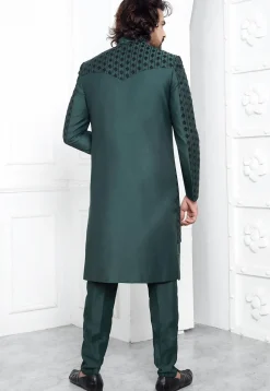 Embroidered Art Silk Jacket Style Sherwani in Teal Green