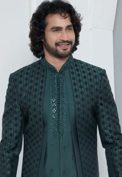 Embroidered Art Silk Jacket Style Sherwani in Teal Green