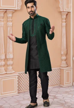 Embroidered Art Silk Jacket Style Sherwani in Green and Black
