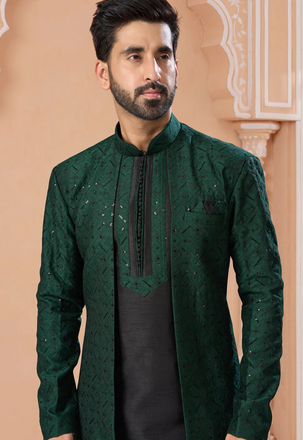 Embroidered Art Silk Jacket Style Sherwani in Green and Black