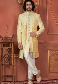 Embroidered Art Silk Jacket Style Sherwani in Yellow