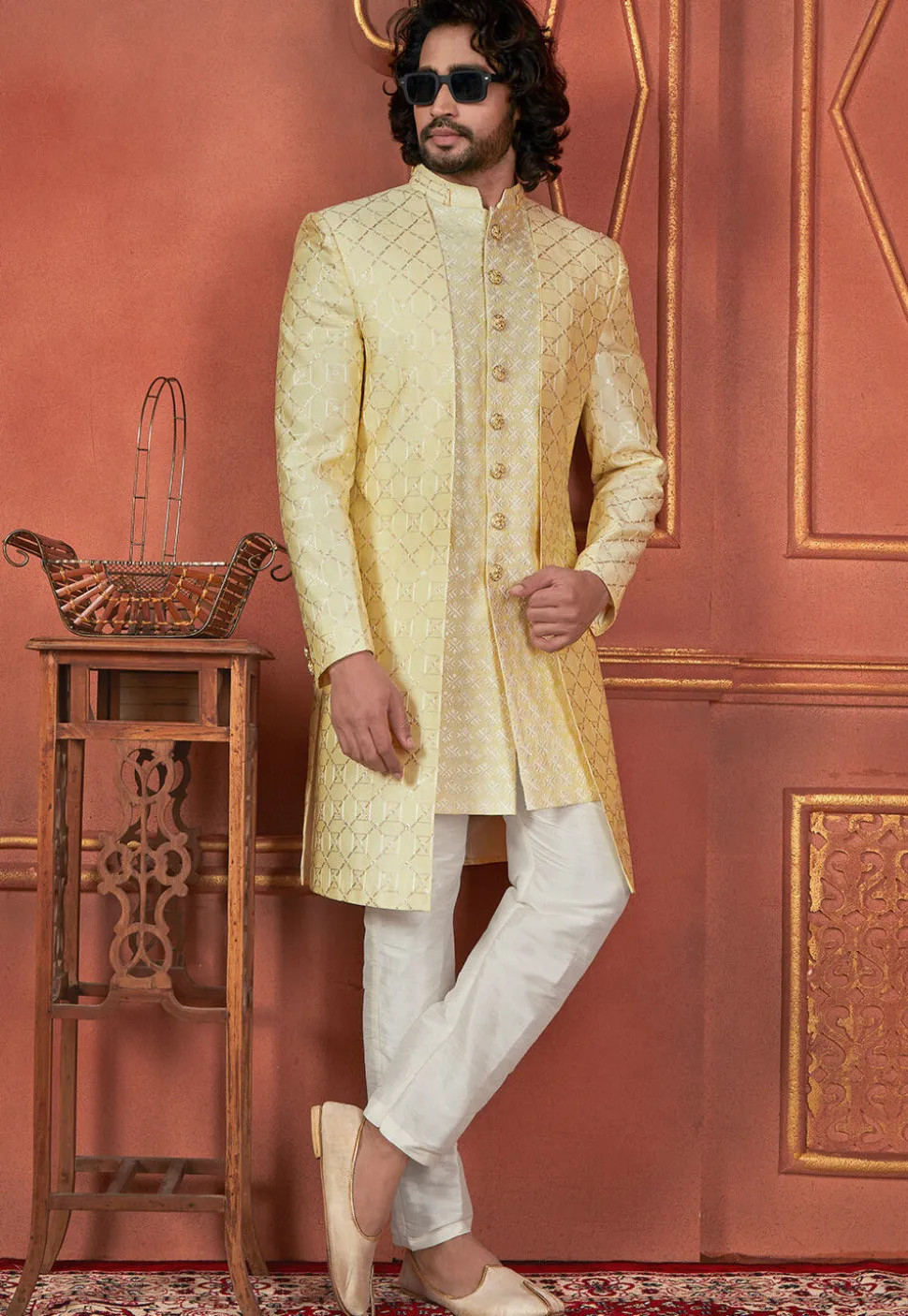 Embroidered Art Silk Jacket Style Sherwani in Yellow