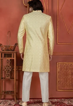 Embroidered Art Silk Jacket Style Sherwani in Yellow