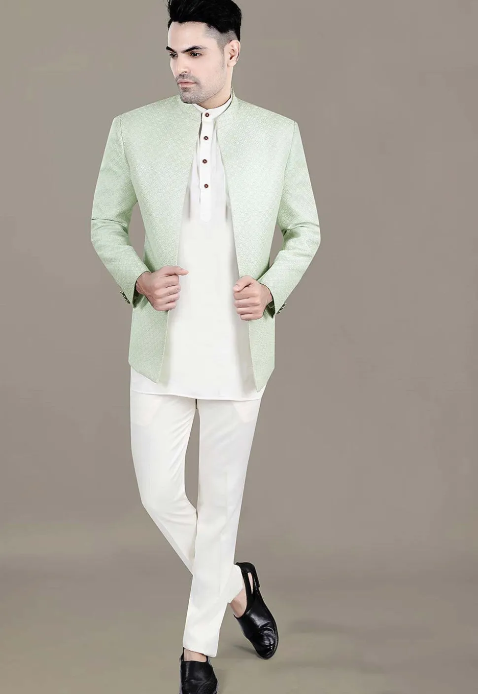 Embroidered Art Silk Jacquard Jodhpuri Suit in Light Green