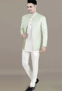 Embroidered Art Silk Jacquard Jodhpuri Suit in Light Green