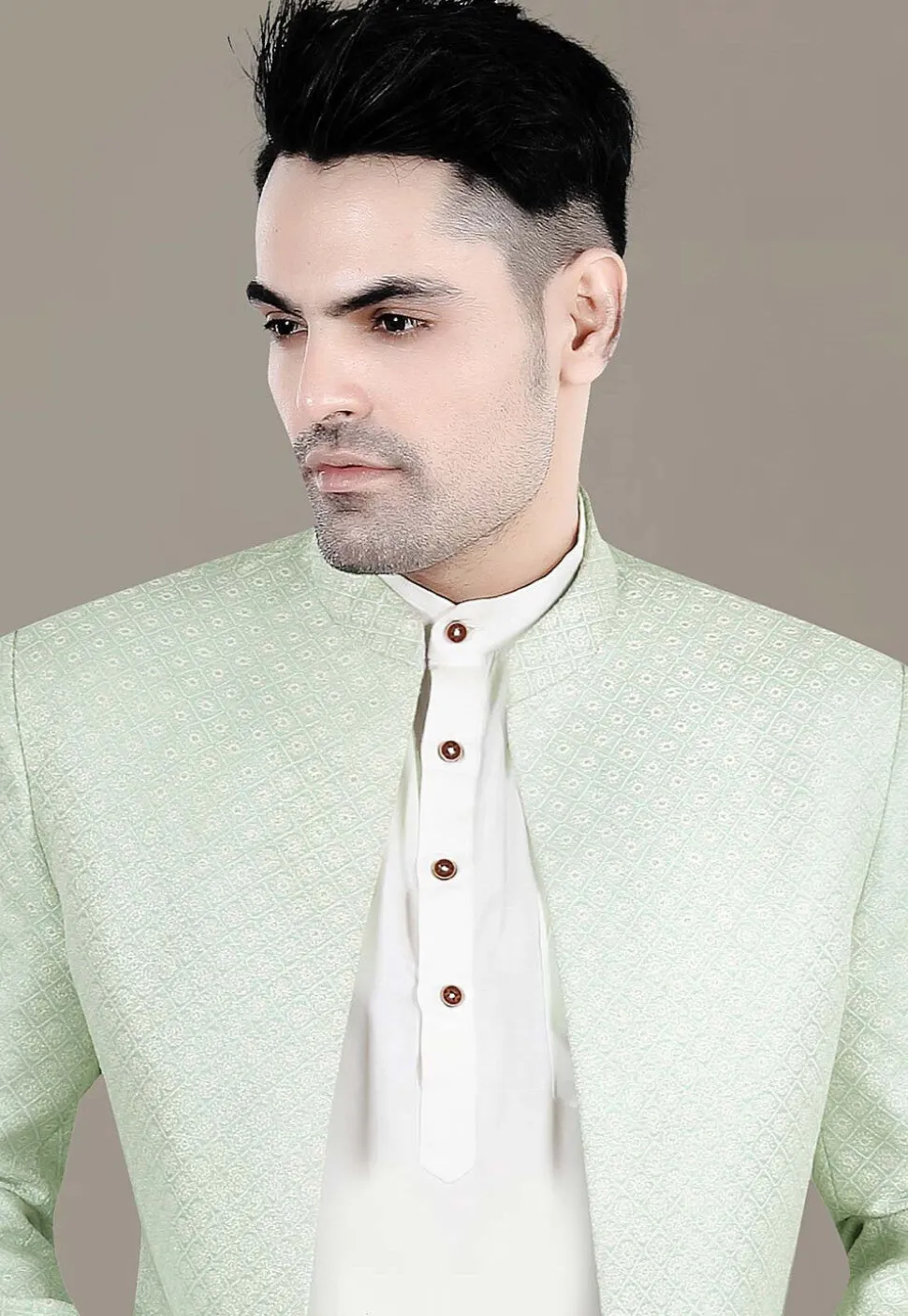 Embroidered Art Silk Jacquard Jodhpuri Suit in Light Green