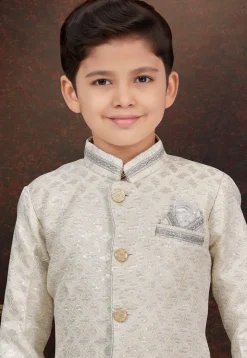 Embroidered Art Silk Jacquard Sherwani in Cream
