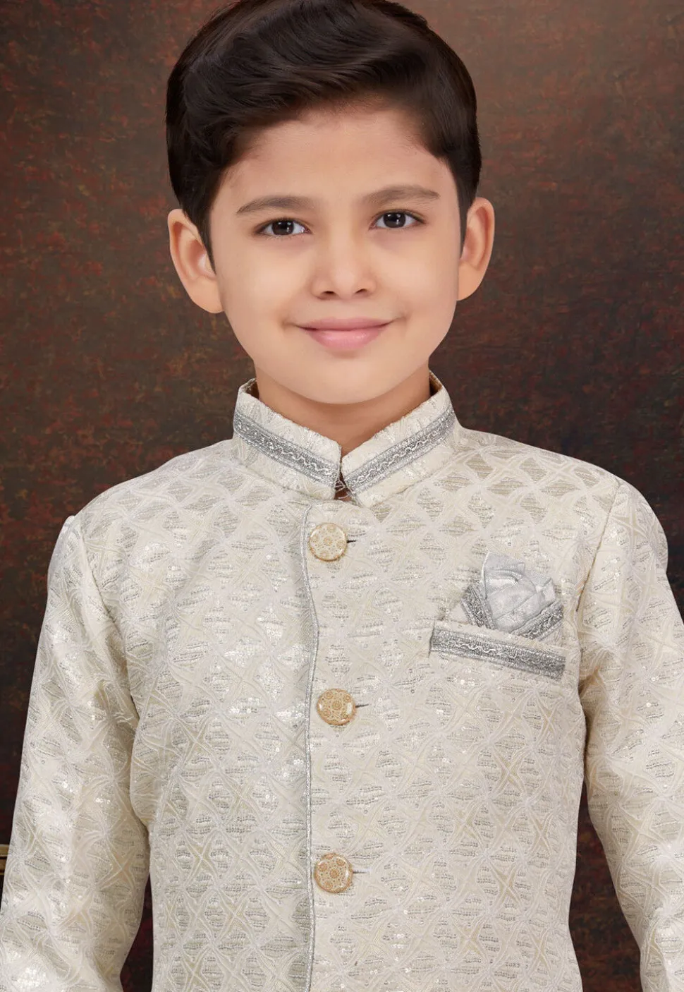 Embroidered Art Silk Jacquard Sherwani in Cream