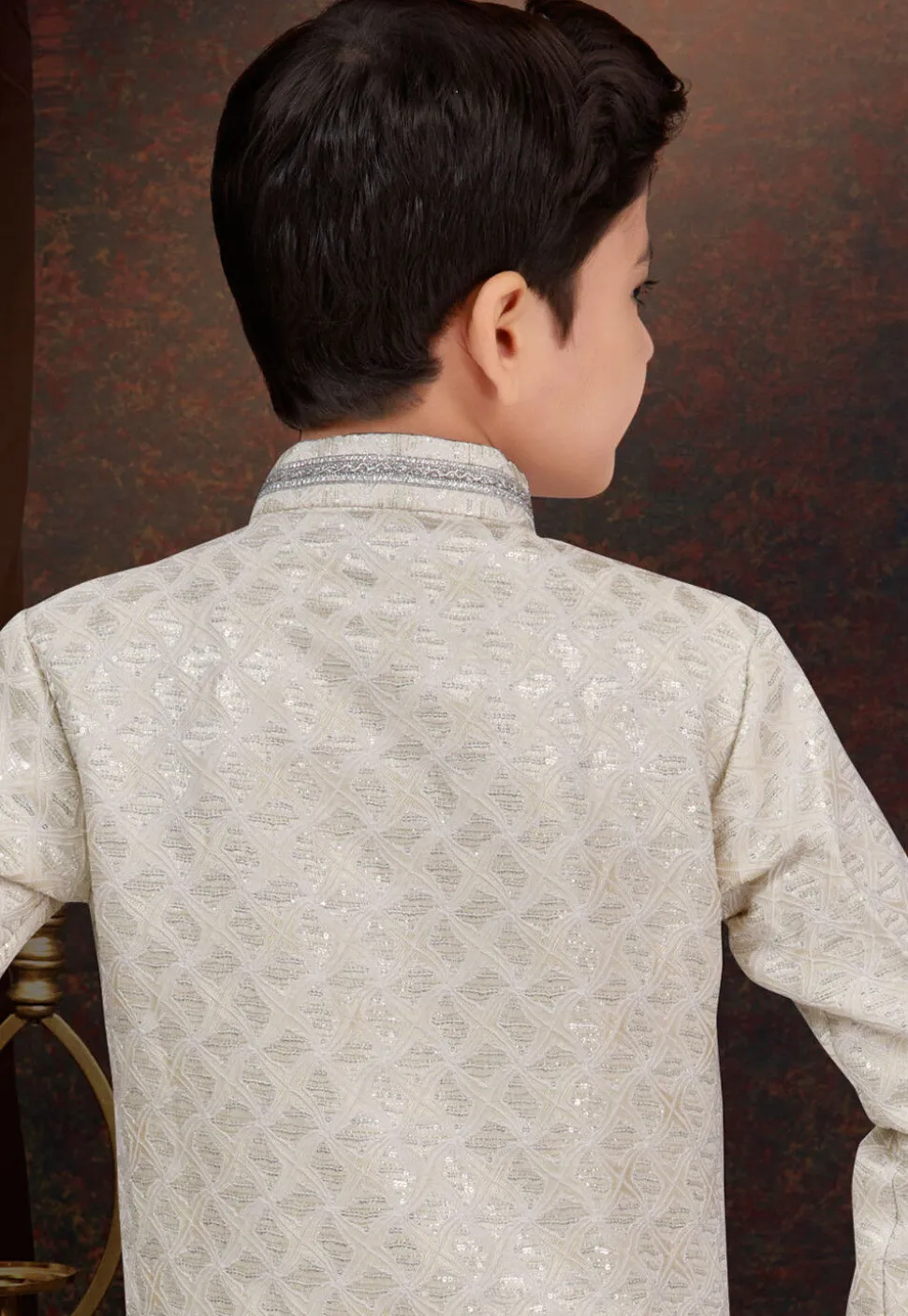Embroidered Art Silk Jacquard Sherwani in Cream