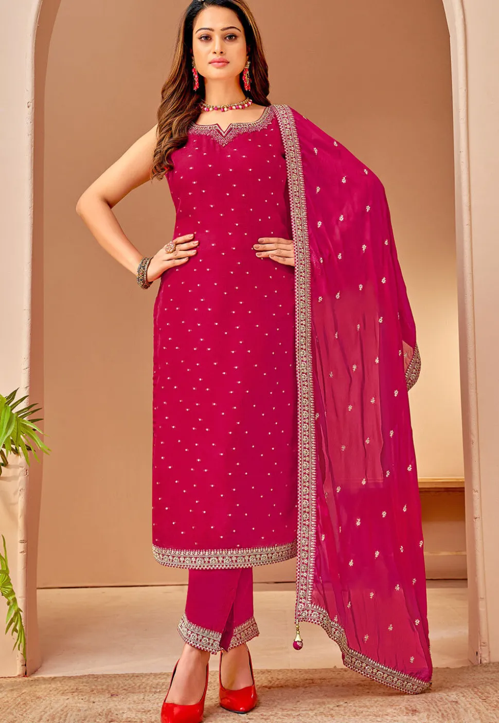 Embroidered Art Silk Jacquard Pakistani Suit in Fuchsia