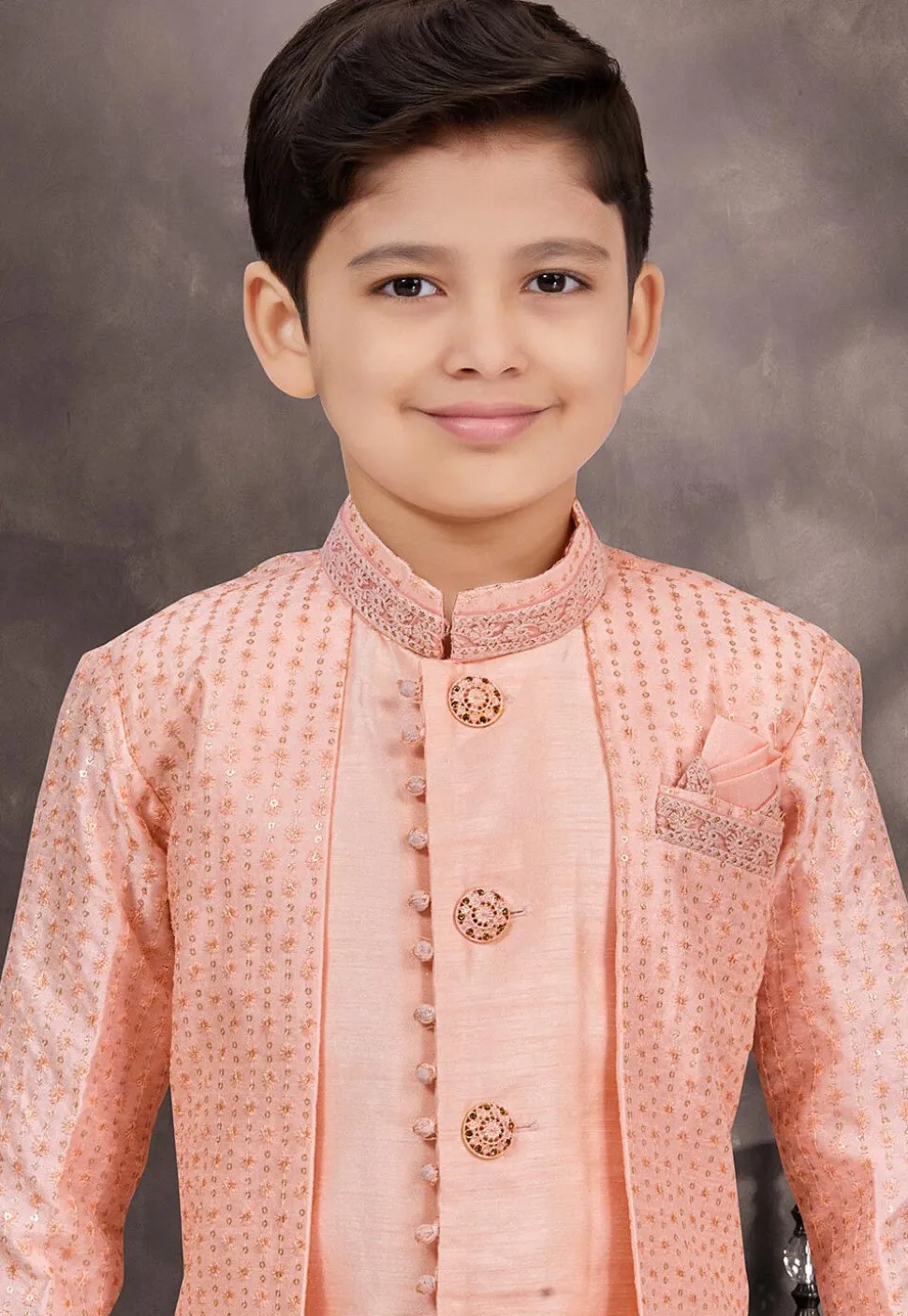 Embroidered Art Silk Jacquard Layered Sherwani in Peach