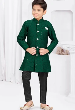 Embroidered Art Silk Jacquard and Banarasi Silk Sherwani in Dark Green