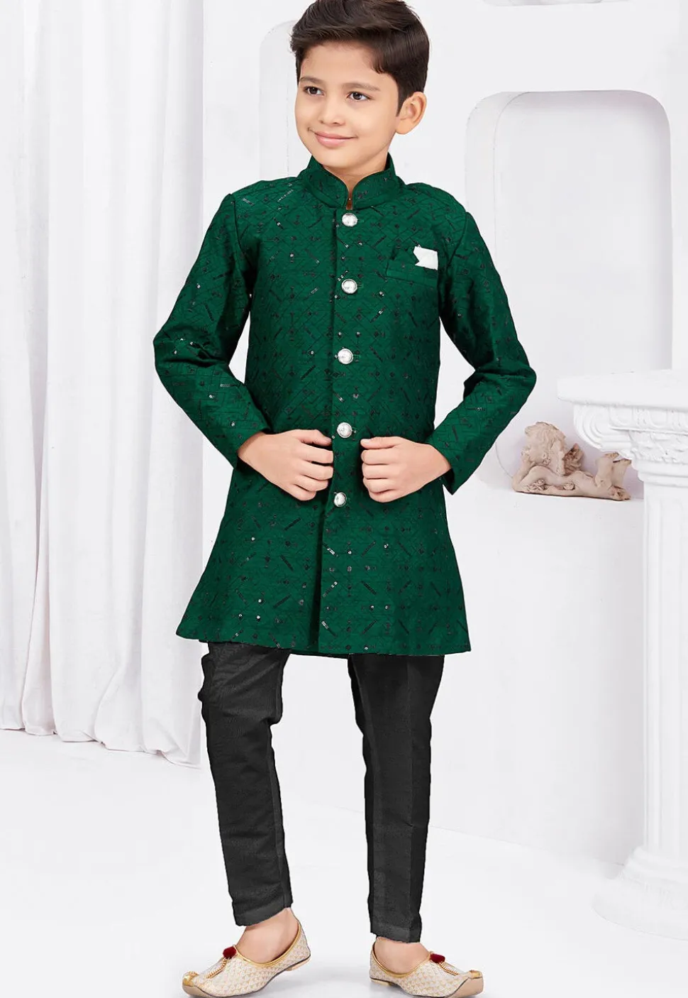 Embroidered Art Silk Jacquard and Banarasi Silk Sherwani in Dark Green