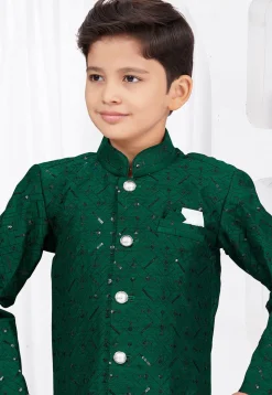 Embroidered Art Silk Jacquard and Banarasi Silk Sherwani in Dark Green