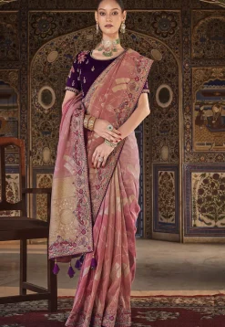 Embroidered Art Silk Jacquard Saree in Peach