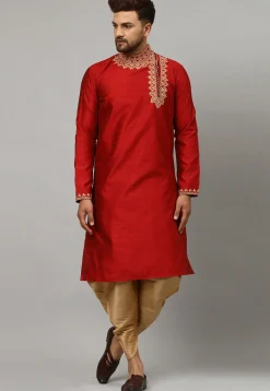 Embroidered Art Silk Jacquard Dhoti Kurta in Maroon