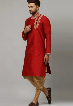 Embroidered Art Silk Jacquard Dhoti Kurta in Maroon