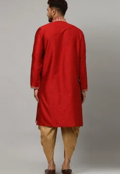 Embroidered Art Silk Jacquard Dhoti Kurta in Maroon