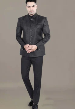 Embroidered Art Silk Jacquard Jodhpuri Jacket in Black