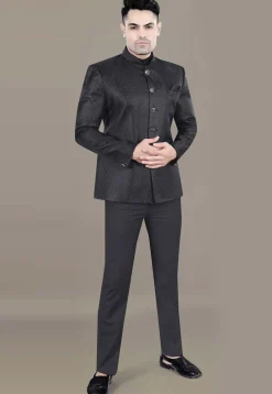 Embroidered Art Silk Jacquard Jodhpuri Jacket in Black