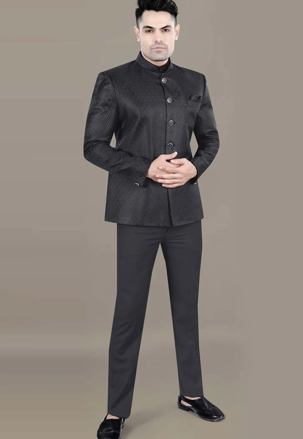 Embroidered Art Silk Jacquard Jodhpuri Jacket in Black