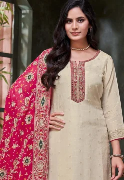 Embroidered Art Silk Jacquard Pakistani Suit in Light Beige