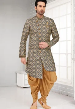 Embroidered  Art Silk Jacquard Dhoti Kurta in Dark Grey