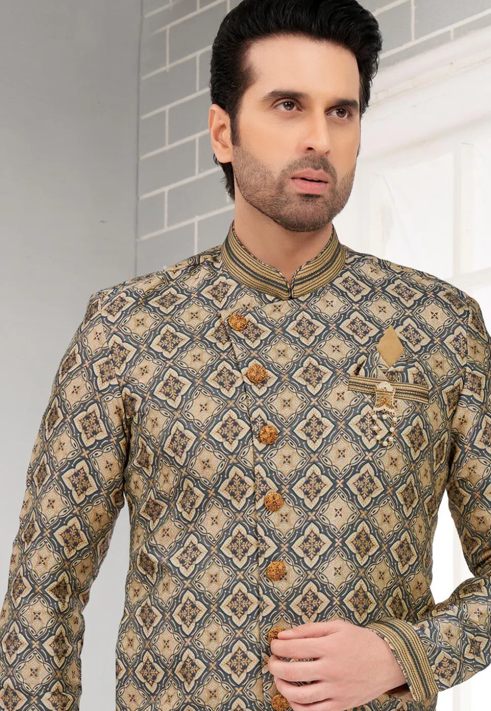 Embroidered Art Silk Jacquard Dhoti Kurta in Dark Grey