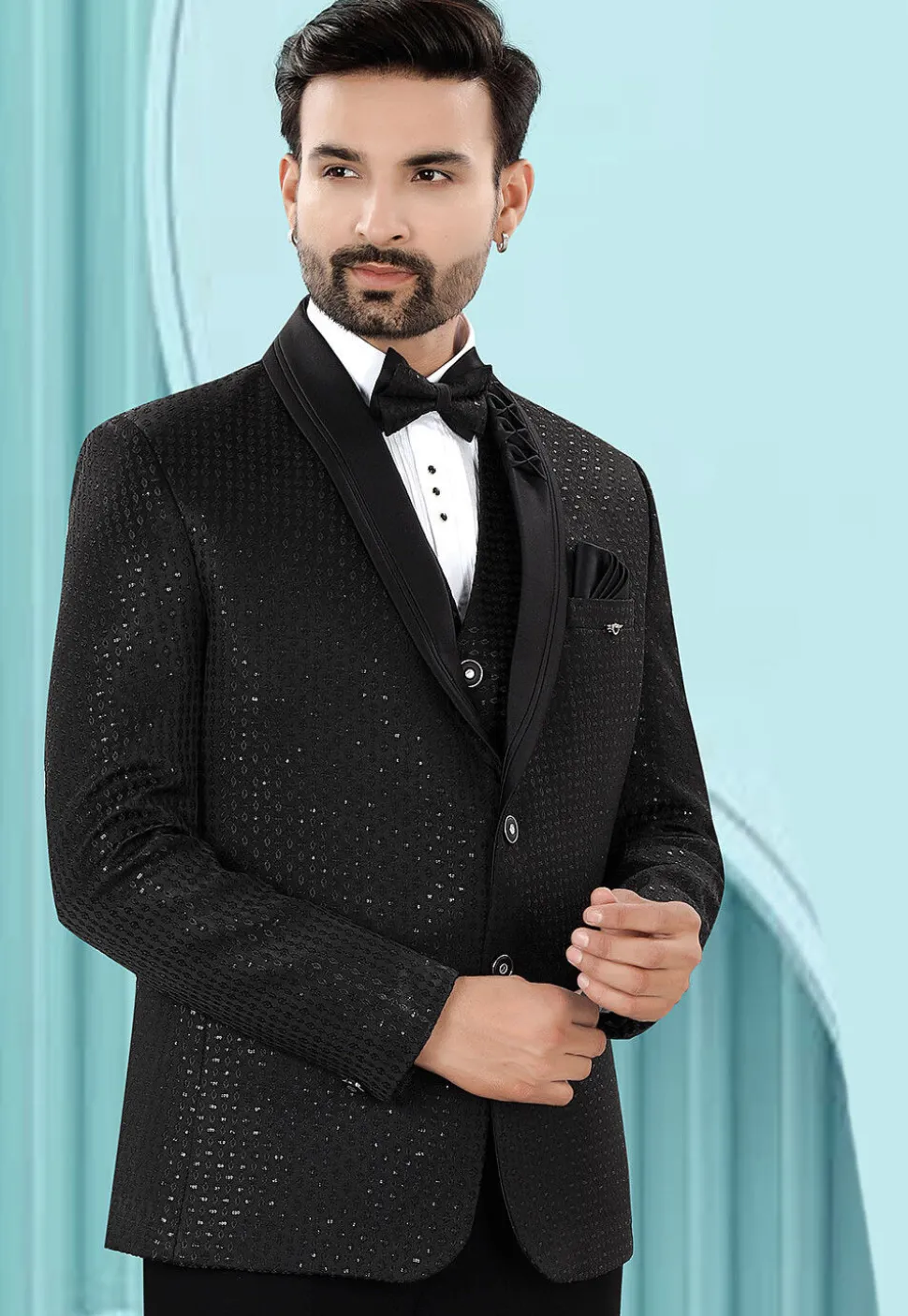 Embroidered Art Silk Jacquard Blazer in Black