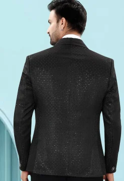 Embroidered Art Silk Jacquard Blazer in Black