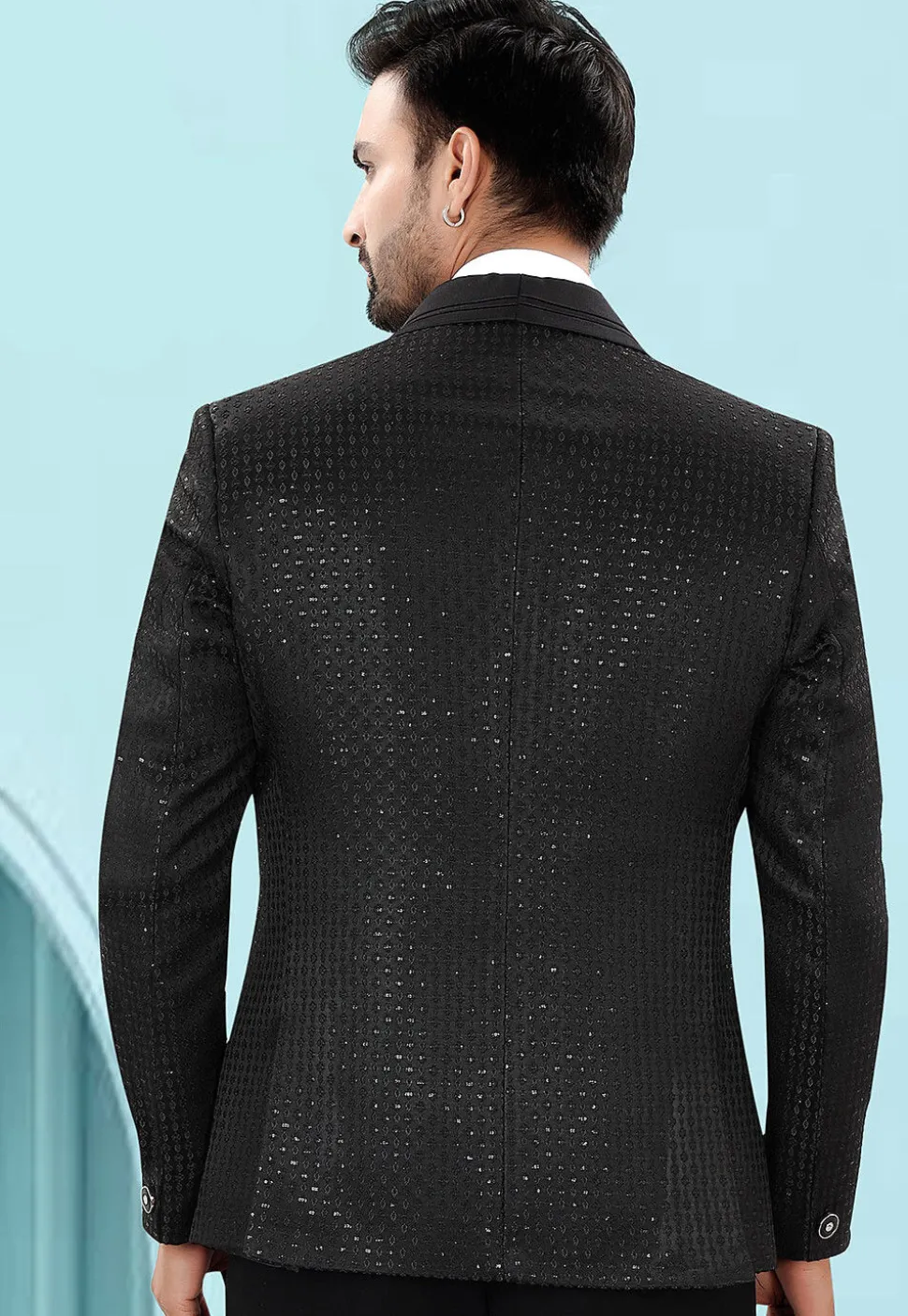 Embroidered Art Silk Jacquard Blazer in Black