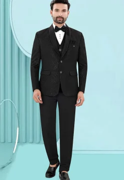Embroidered Art Silk Jacquard Blazer in Black