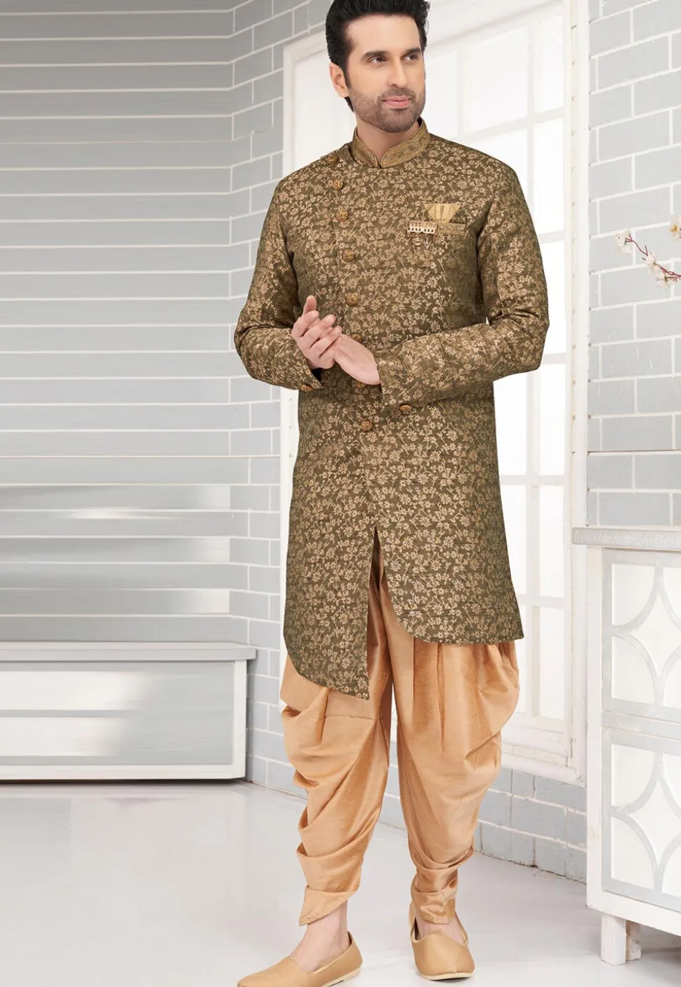 Embroidered Art Silk Jacquard Dhoti Kurta in Dark Olive Green