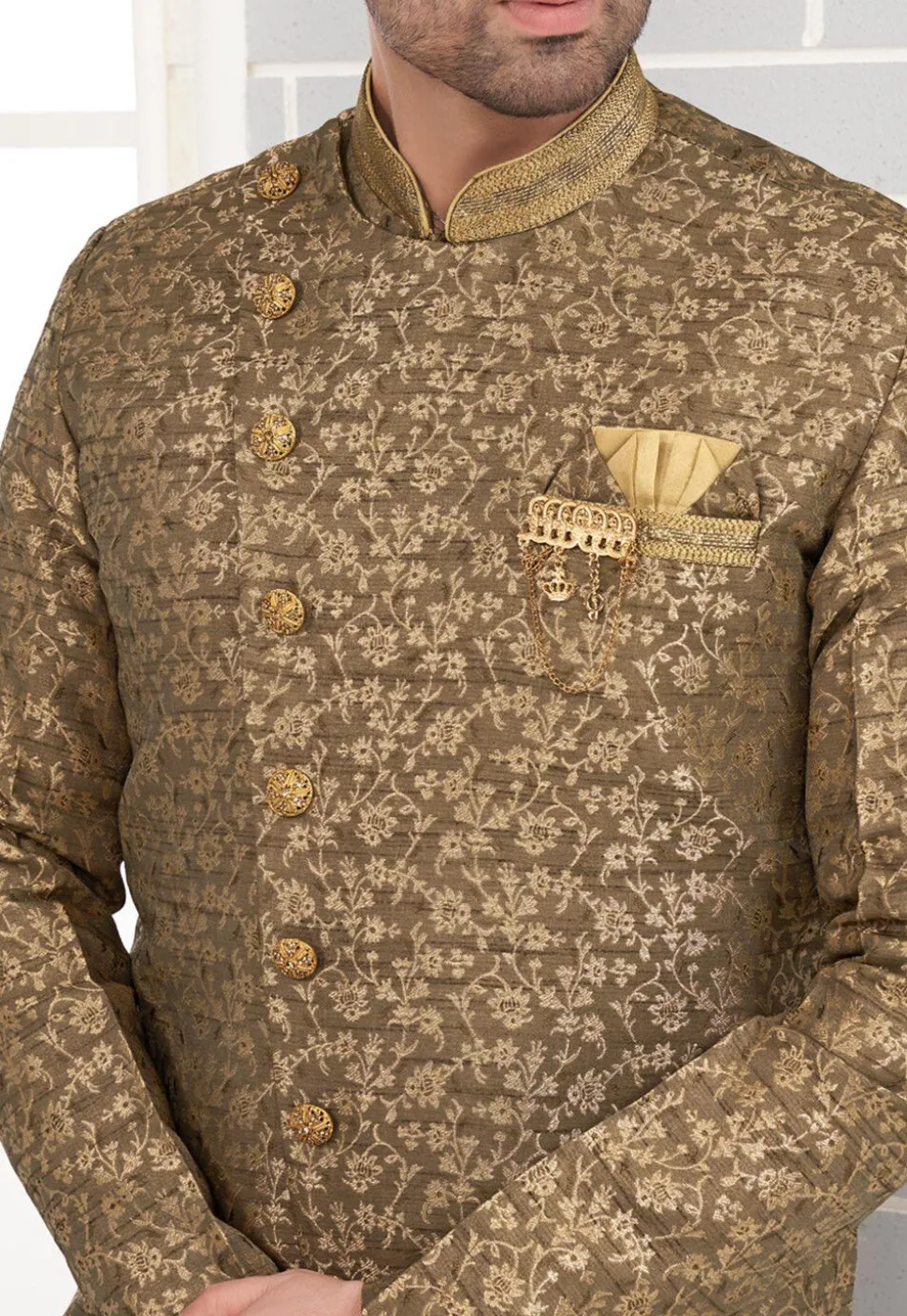 Embroidered Art Silk Jacquard Dhoti Kurta in Dark Olive Green