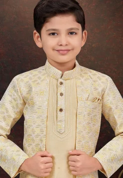 Embroidered Art Silk Jacquard Layered Sherwani in Beige and Cream