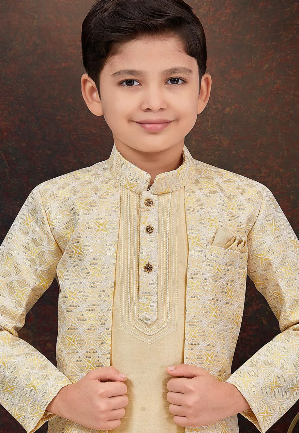 Embroidered Art Silk Jacquard Layered Sherwani in Beige and Cream