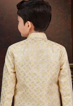 Embroidered Art Silk Jacquard Layered Sherwani in Beige and Cream