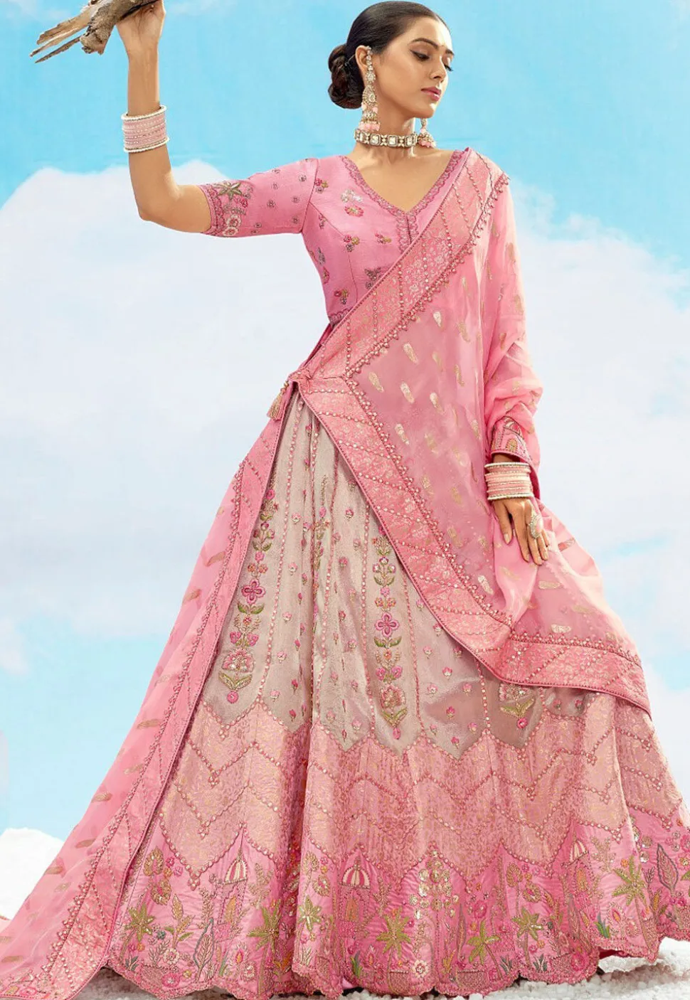 Embroidered Art Silk Jacquard Lehenga in Peach