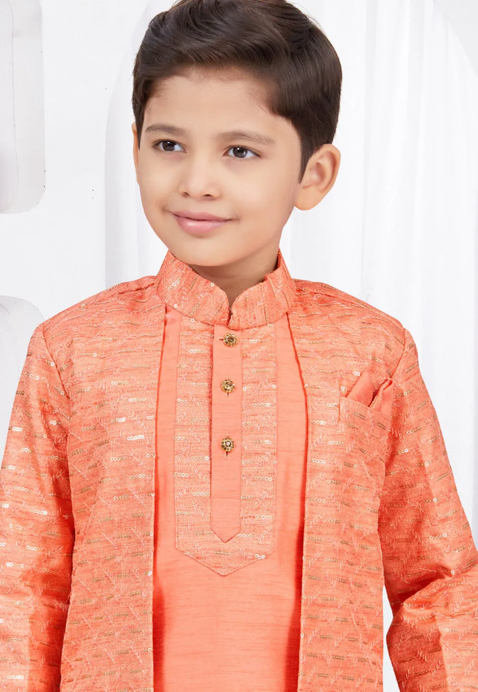 Embroidered Art Silk Jacquard Sherwani in Dark Orange