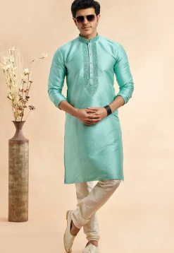 Embroidered Art Silk Jacquard Kurta Set in Sea Green