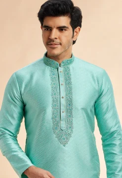 Embroidered Art Silk Jacquard Kurta Set in Sea Green