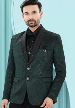 Embroidered Art Silk Jacquard Blazer in Dark Green