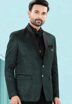 Embroidered Art Silk Jacquard Blazer in Dark Green