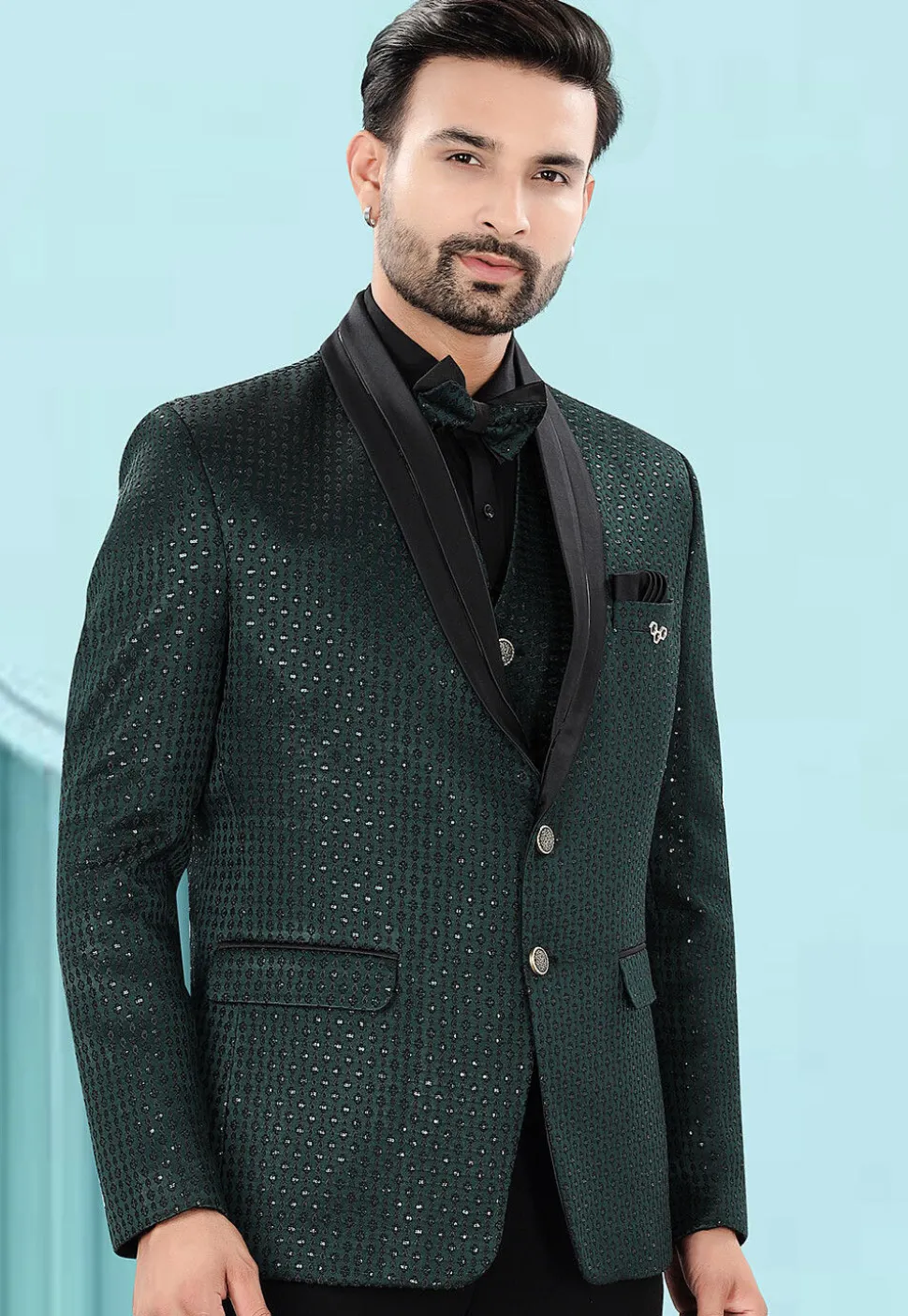 Embroidered Art Silk Jacquard Blazer in Dark Green
